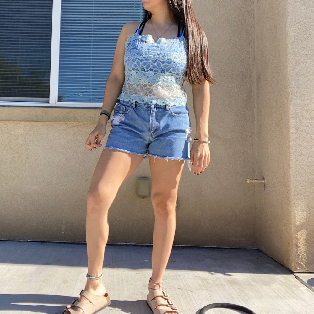 Blue Floral Mesh Lace Crop Top Size S